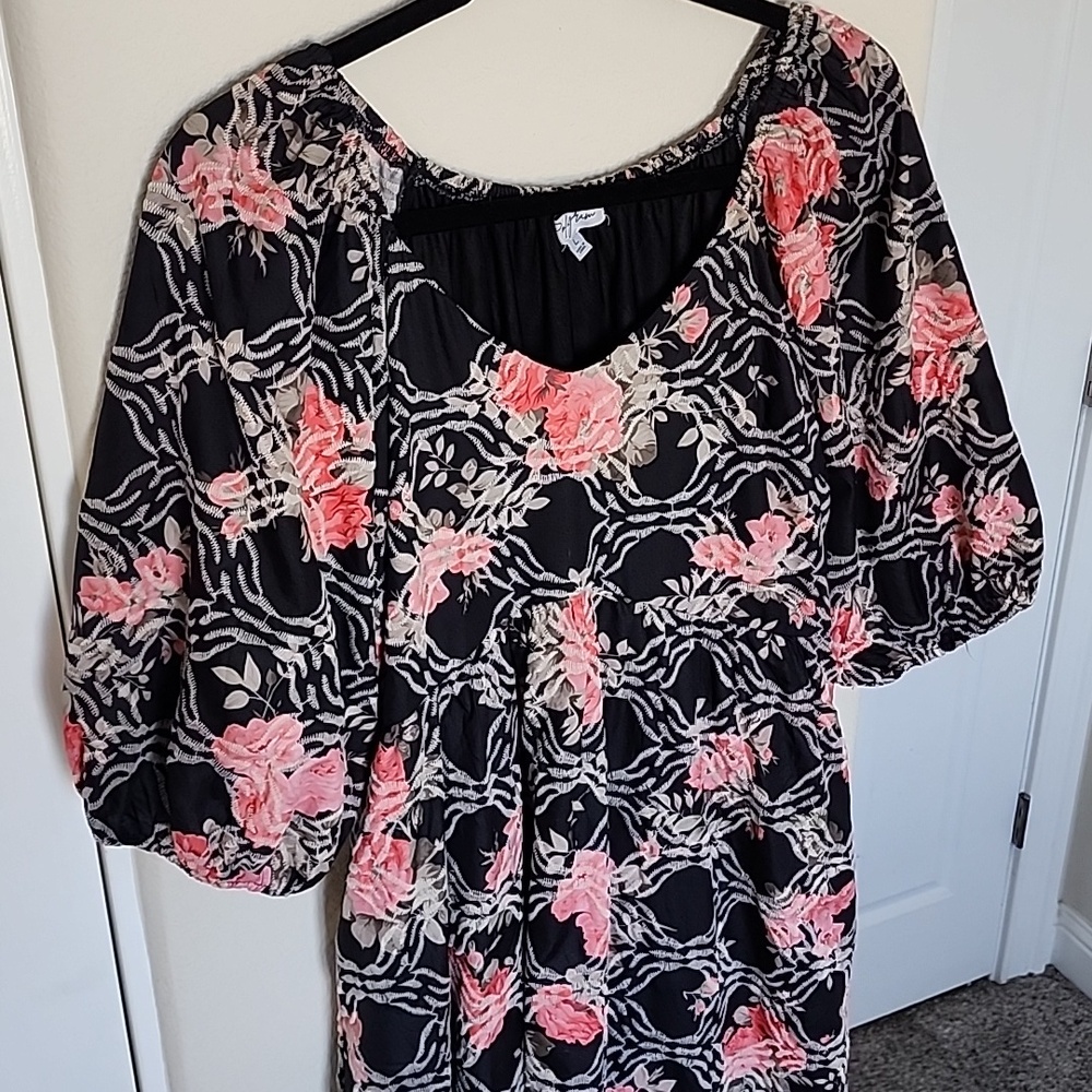 Polagram Black Maxi Dress with Pink Floral Print And Puff Sleeves L